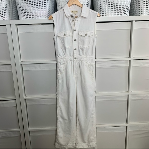 Madewell Denim Sleeveless Carpenter Jumpsuit in Tile White - Picture 2 of 4